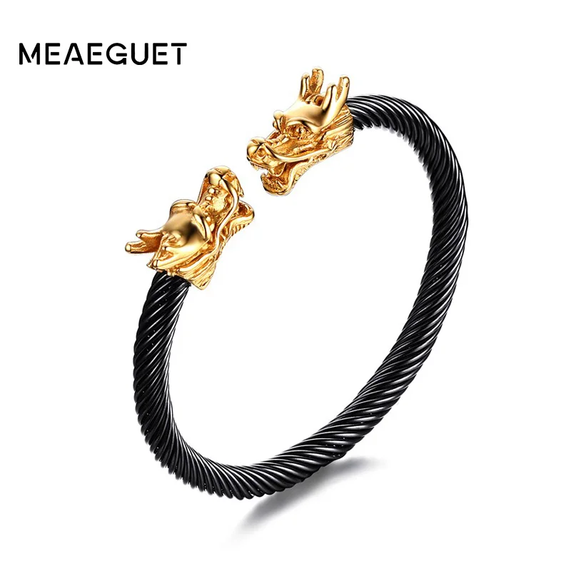 

Meaeguet Elastic Adjustable 316L Stainless Steel Dragon Head Bracelet For Men Women Twisted Cable Cuff Bangle Punk Rock Jewelry