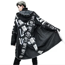 Мужская длинная джинсовая куртка, сценический костюм для ночного клуба wo, мужской зимний Тренч с капюшоном в стиле хип-хоп, панк, плащ на шнурке, пальто