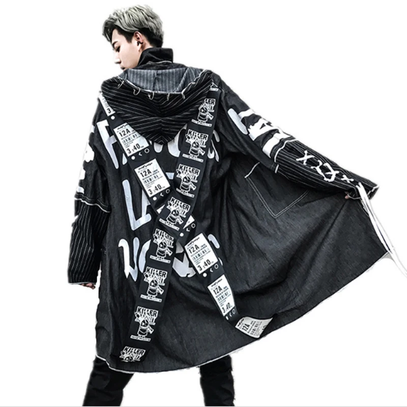 

Men singer long denim jacket nightclub stage costume women winter hip hop punk hooded trench coat drawstring cloak overcoat