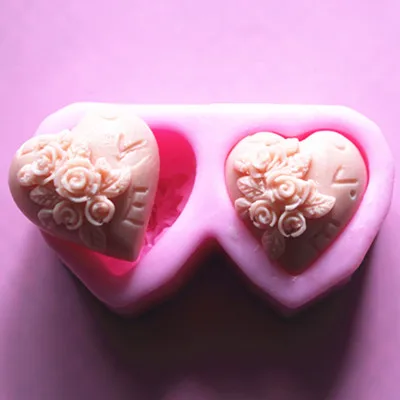 Molds Small 2 connected heart shape silicon Mold Handmade Craft Bath Soap Rose Flower Pattern Love Letter Silicone Mold