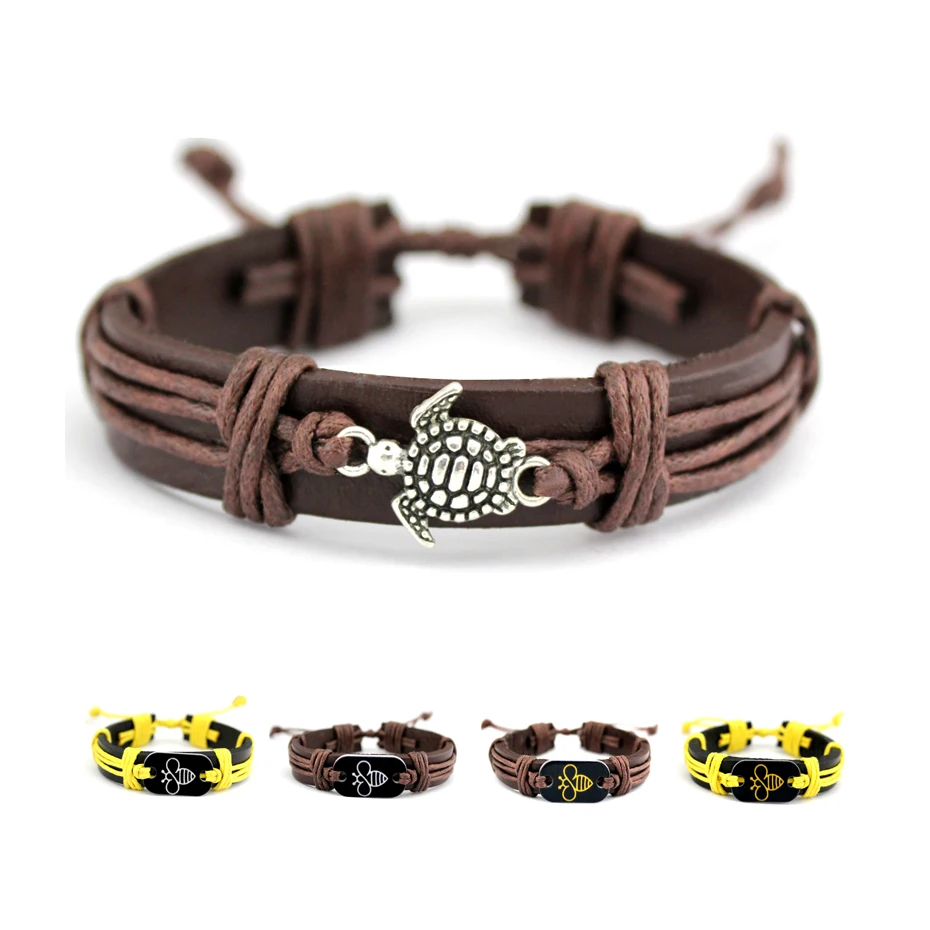 

Fashion Boho Bees Honeybee Male Bracelets Sea Turtle Leather Wrap Bracelet for Men