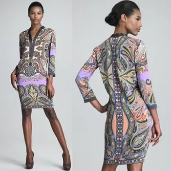

New exotic printed stretch knit V-neck Slim Dress