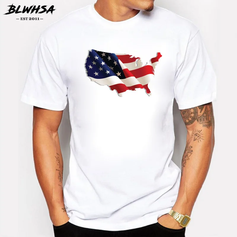 

BLWHSA 3D America Flag Map Print Men T-shirt Short Sleeves Male White Cotton Mens Tee O-neck Summer T Shirt Fit Vetement Homme