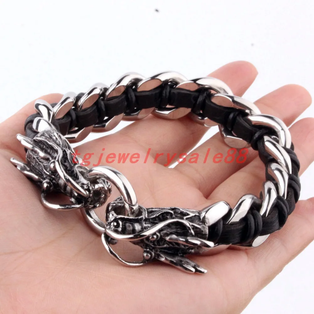 High Quality Men's Silver Color Stainless Steel Curb Chain Black Leather Dragon Heads Clasp Bracelet Bangle Jewelry 16mm*9