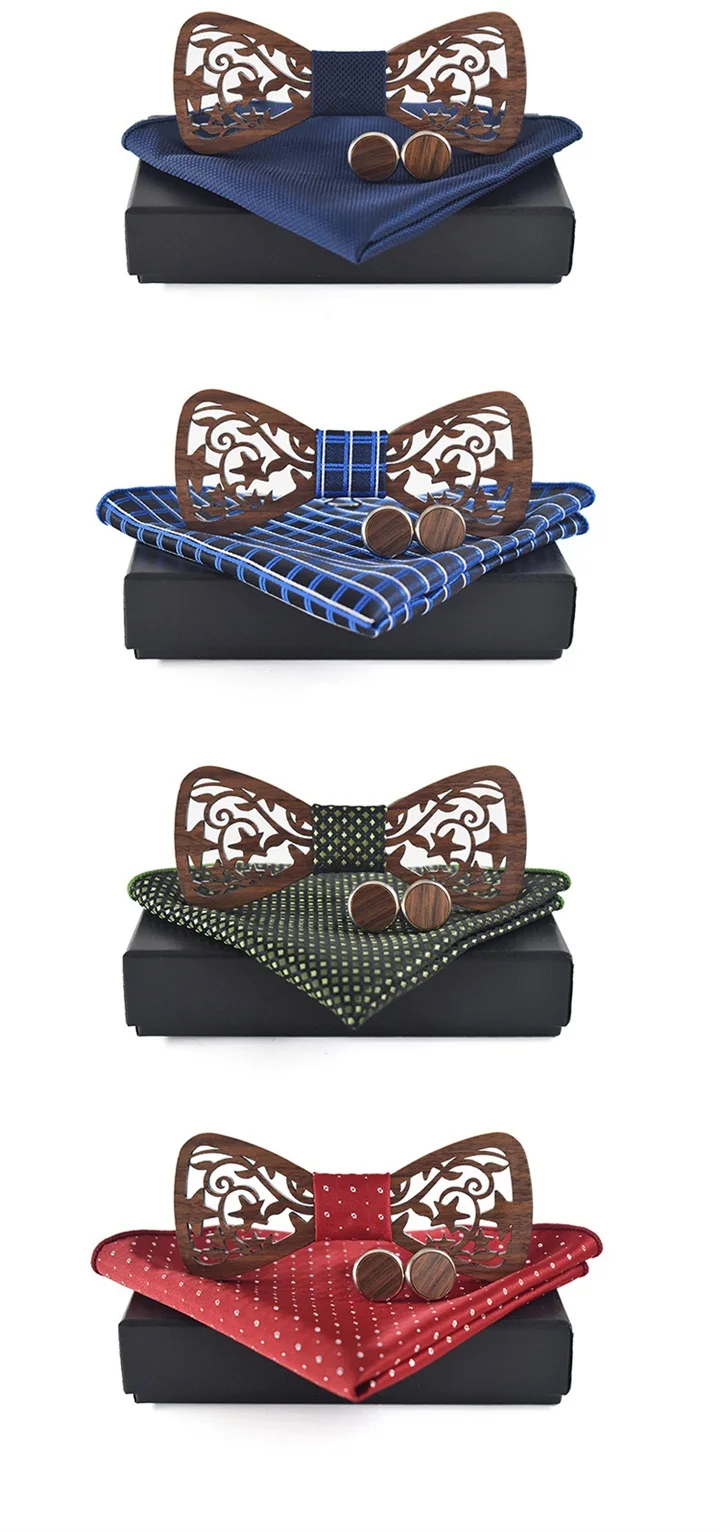 Полые деревянные галстук-бабочка платок запонки Набор для мужчины Бизнес деревянные бабочкой Pocket Square Set для свадьбы