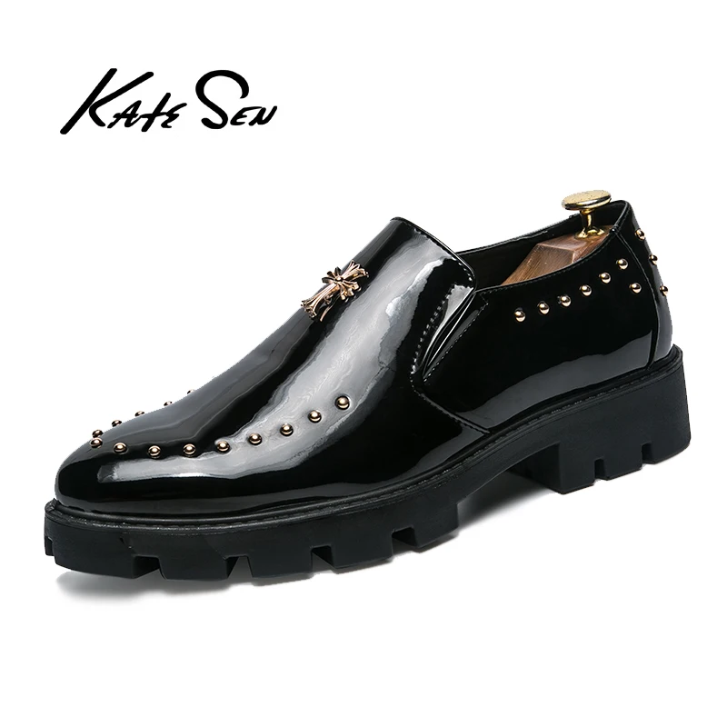 

KATESEN men's shoes Italian style luxury party dress shoes fashion wedding shoes patent leather flat rivet fringe men's shoes
