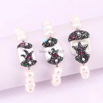 

For Women 5Pcs Freshwater Pearl Stretch Bracelets Handmade Paved Rhinestone Irregular Pearl Bracelet
