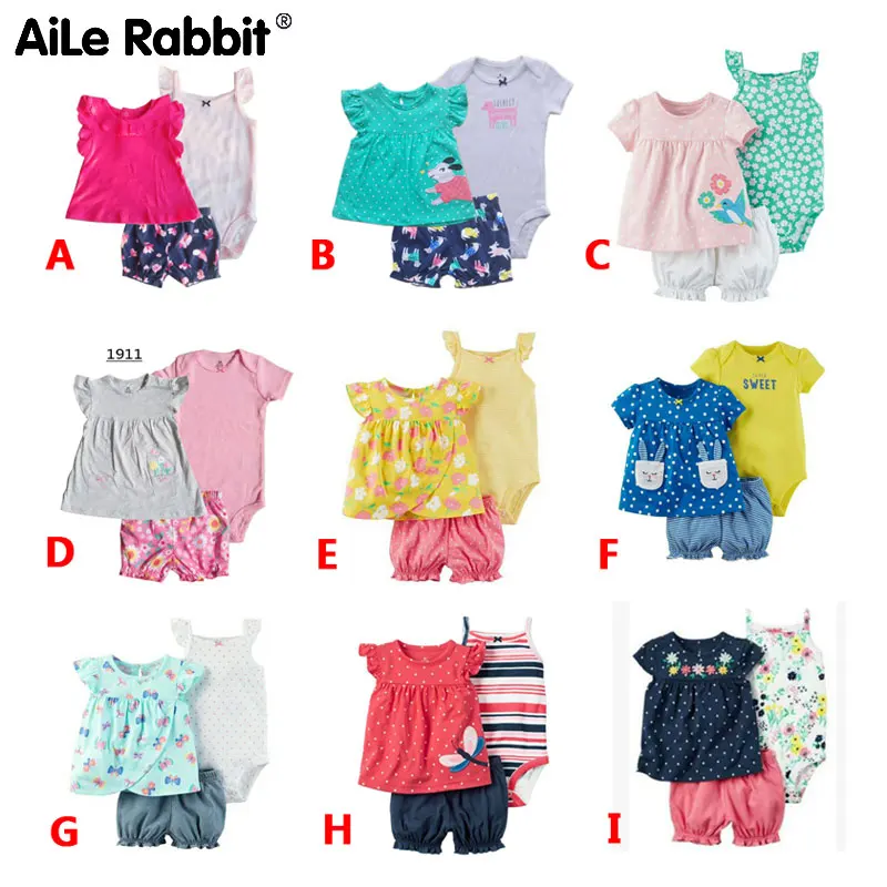 

AiLe Rabbit 2019 spring and summer new baby baby suit cotton short-sleeved T-shirt slings haber shorts 3 sets for female baby