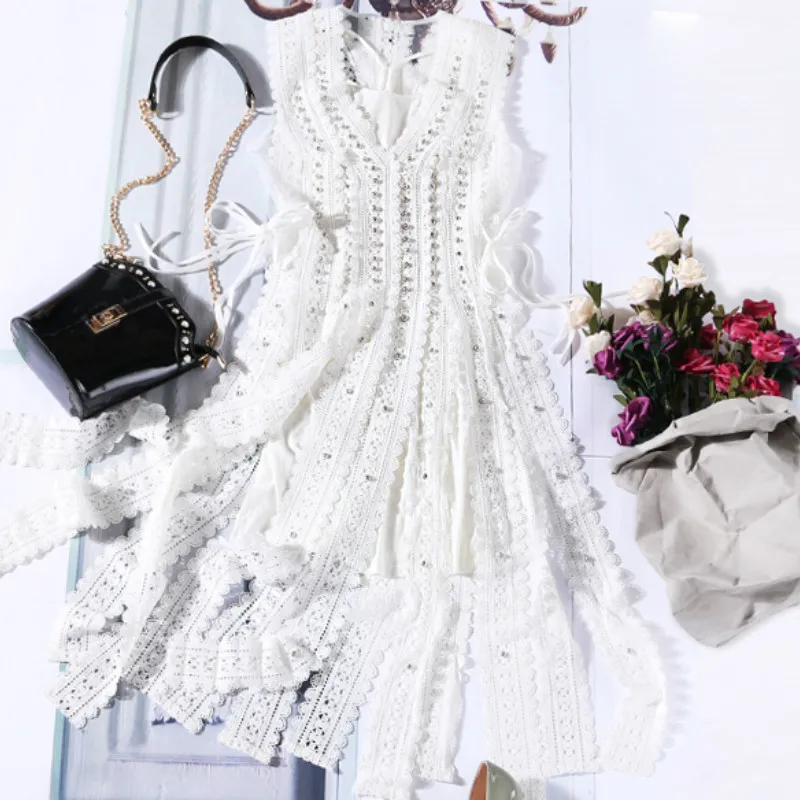 

Sexy Hollow Out White Lace Dress Women Summer High Waist Sleeveless Tank Dress Elegant Christmas Maxi Long Dress Vestidos