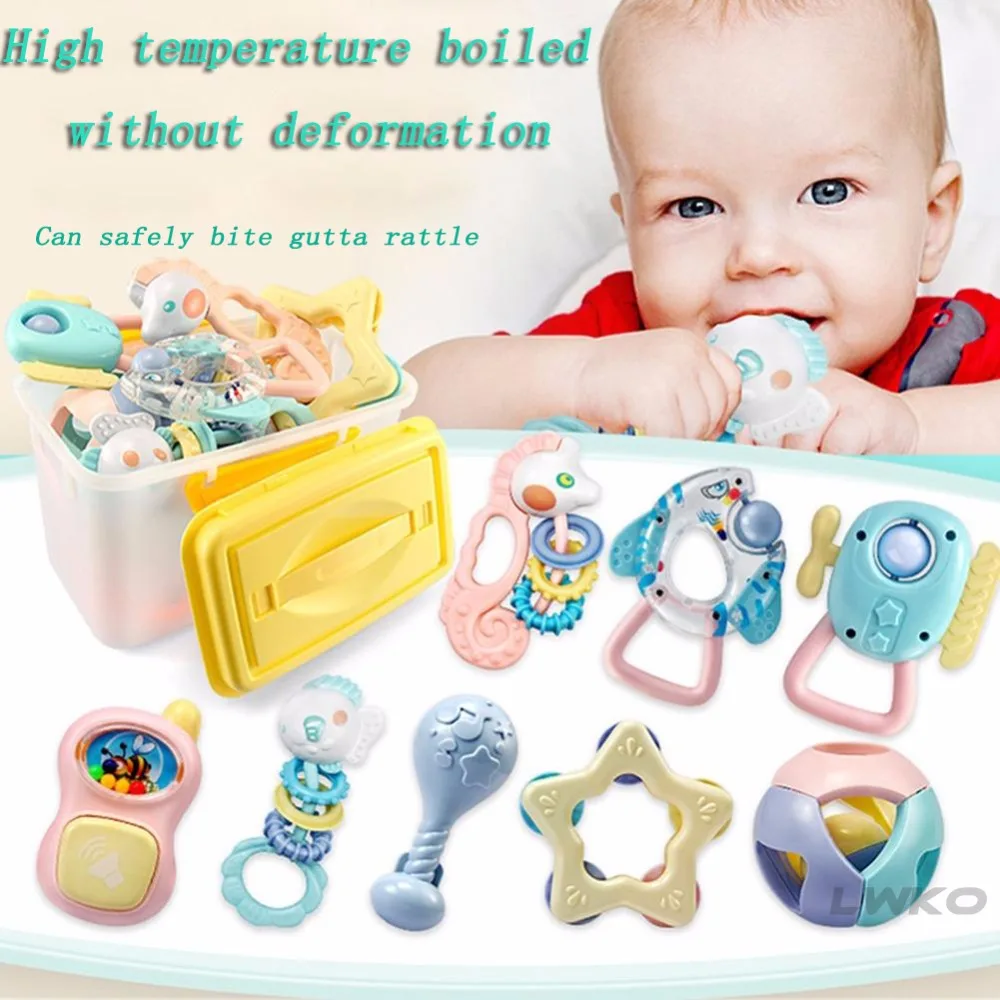 LWKO 8Pcs Baby RattlesToys Babies Teether Soft Silicone Bitter Newborn