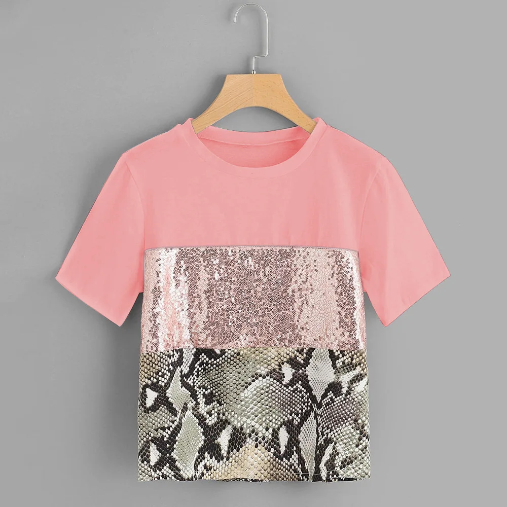 Футболка женская camiseta mujer животных печати большие размеры Pacthwork змея блесток femme
