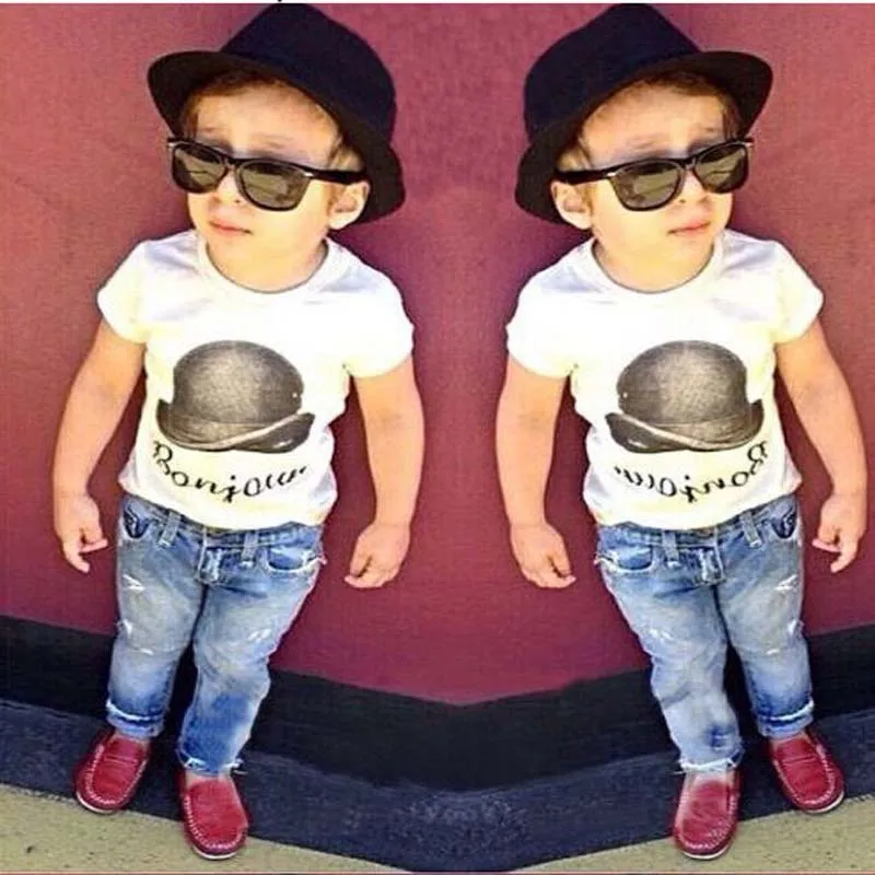 Boys denim clothing sets kids boys handsome short-sleeved T-shirt+denim jeans 2 pieces children clothing set YAZ060F