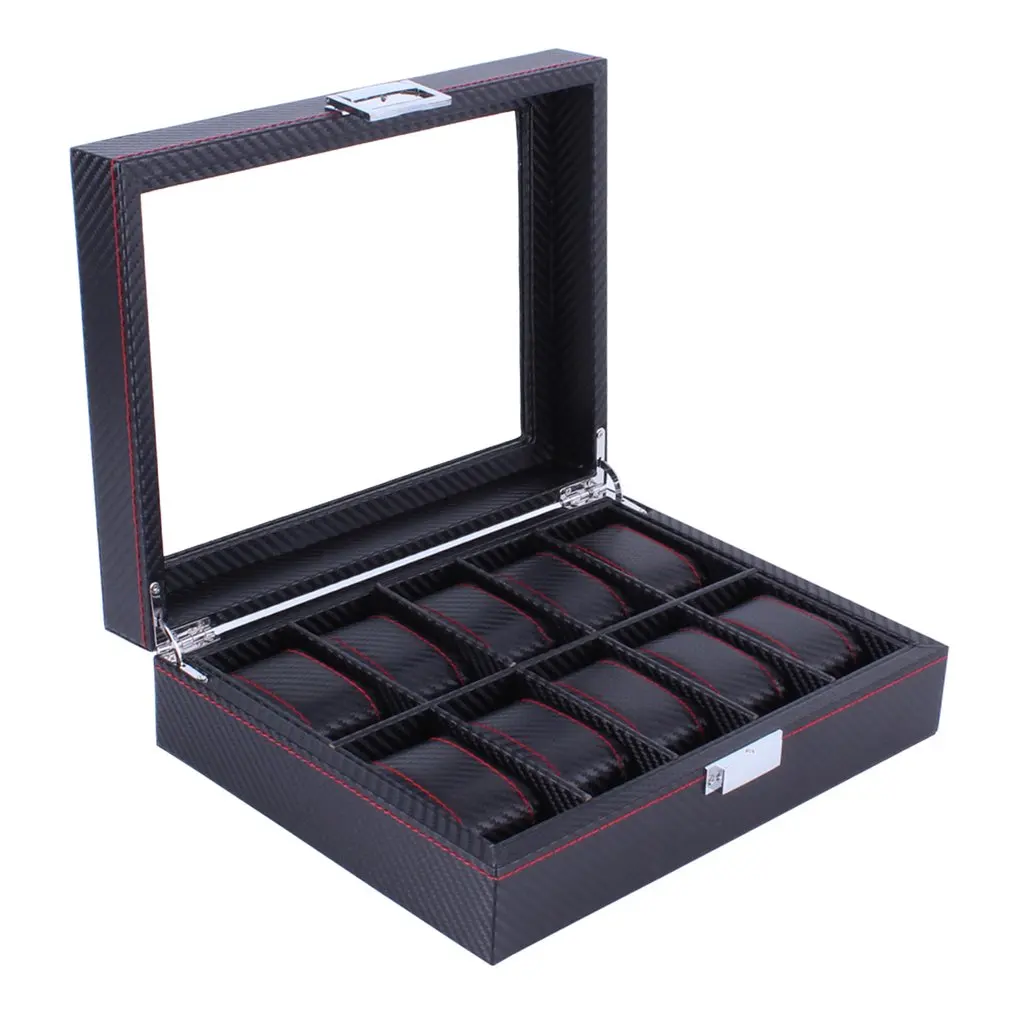 

10 Grids Watch Box Carbon Fibre Pattern Watchs Holder Storage Watchs Box Jewelry Display Rectangle Black Color Case Hot Sale