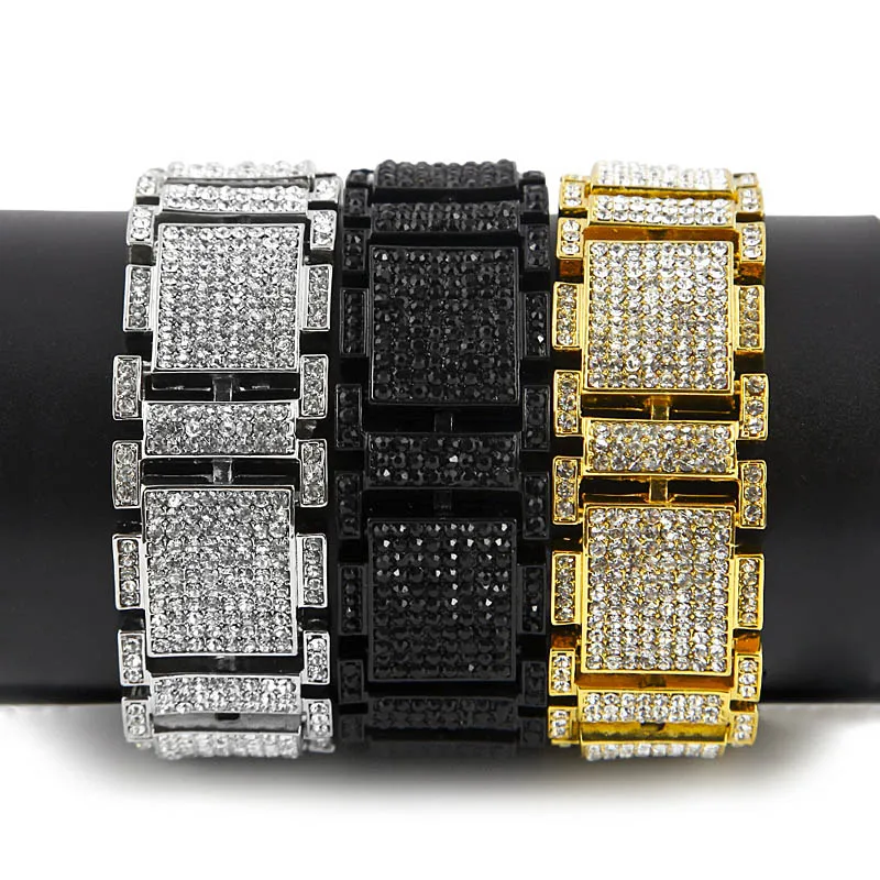 Exaggerated Punk Shiny Full Rhinestone I Bangle Hip Hop Bling CZ Wristbands Chains Link Men Women Gift jewelry 2
