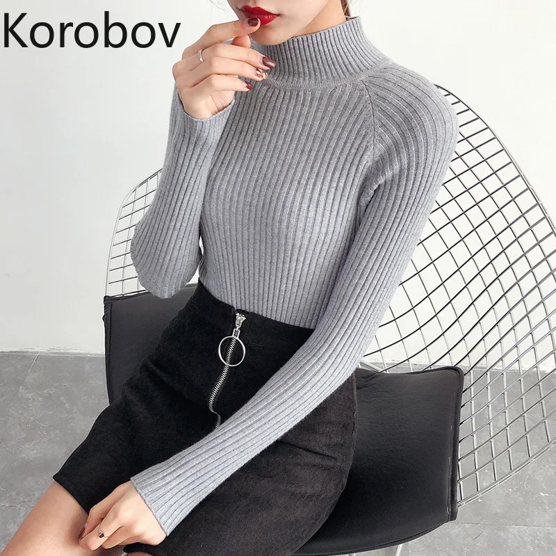 

Korobov Knit Sweater Women Turtleneck Long Sleeve Solid Korean Pullovers Slim Basic Autumn Winter OL Sueter Mujer 78065