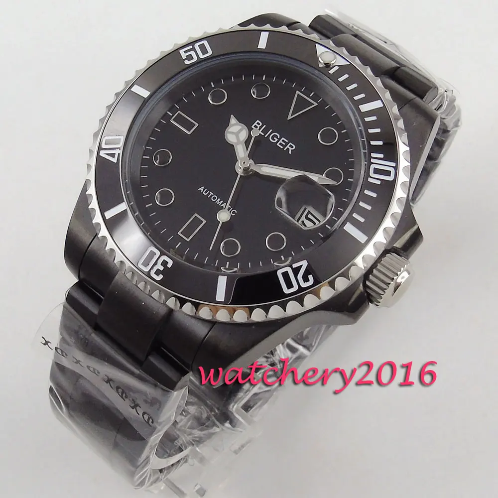 

Casual 40mm Bliger sapphire glass luminous marks black dial PVD case ceramic bezel date simple automatic movement Men's watch