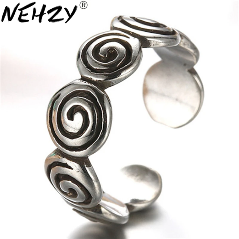 

High quality retro Thai silver spiral texel opening Ms. ring jewelry fashion men's ring width 7MM
