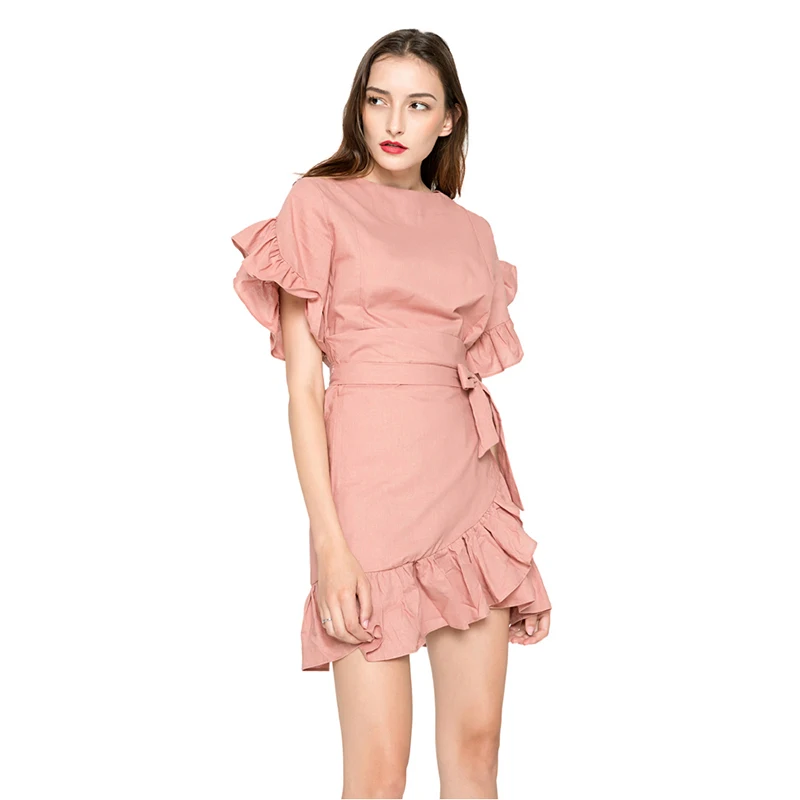 TWOTWINSTYLE платье с оборками для женщин, рукав-лепесток, высокая талия, на шнуровке, необычные мини-платья, женская мода, Корейская одежда - Цвет: pink