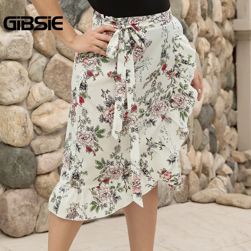 

GIBSIE Plus Size Women Knee Length Ruffle Skirt Elegant Floral Print Midi Skrits Womens Summer Casual High Waist Skirt with Belt