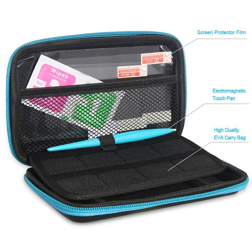 

3 in 1 for Nintend New 2DS LL/XL EVA Pouch Storage Case Bag with Protective Films 1 Stylus 8 Game Cards Storage Travel Bag Case