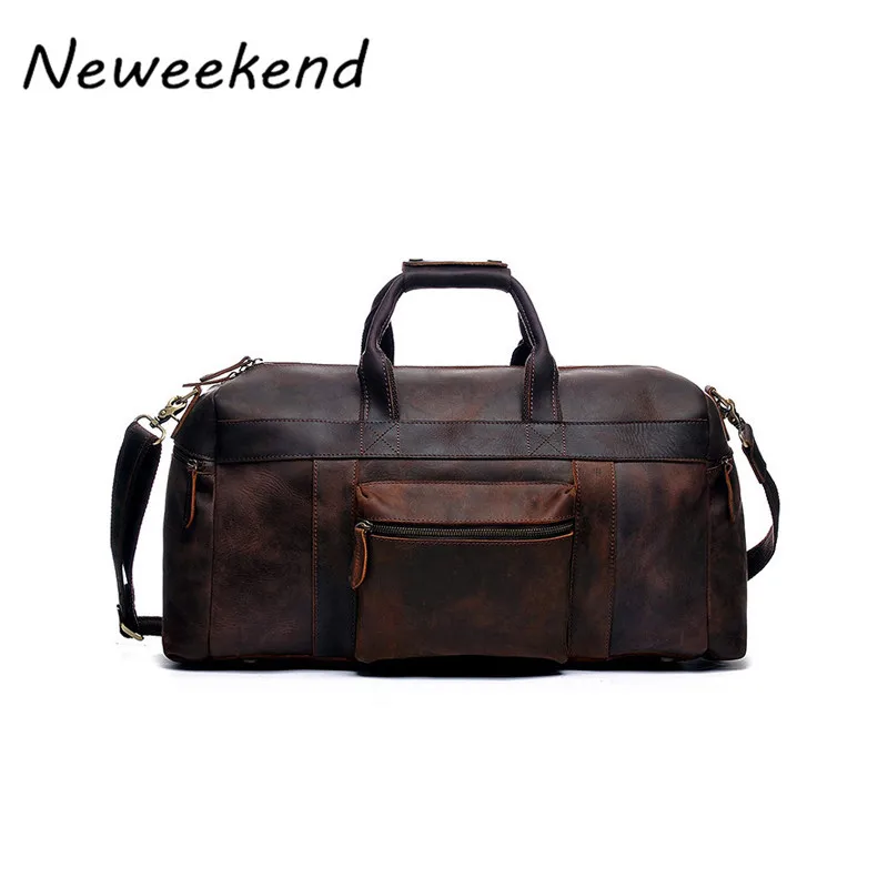 NEWEEKEND Vintage Genuine Leather Crazy Horse Multi Pocket 13 Inch Handbag Crossbody Travel Luggage font b