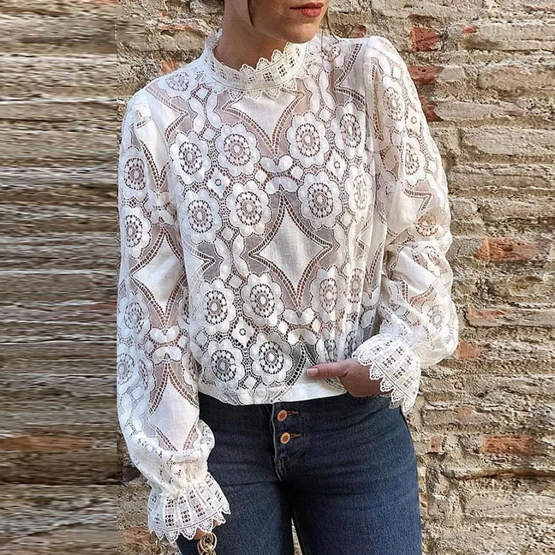 

Sexy Lace Perspective Tops Women Casual Solid Floral Turtleneck Hollow Out Wild Tees Elegant White Ladies Fashion Soft T-shirts