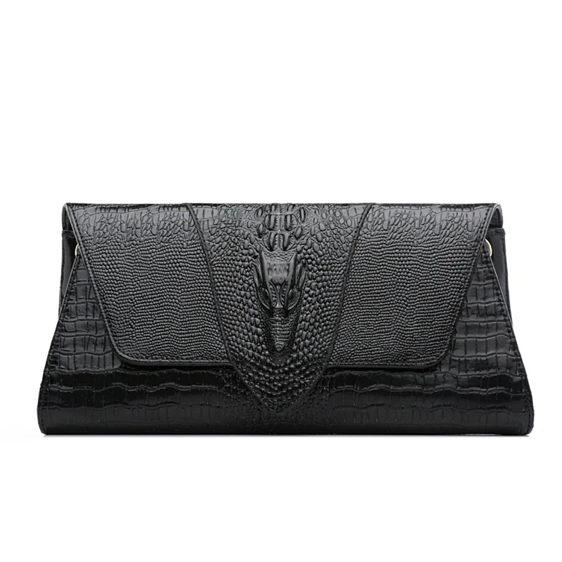 Женская сумка-клатч вечерние из натуральной кожи с узором «крокодиловая кожа» - Цвет: Black