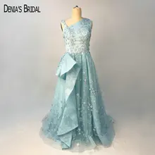 Реальное фото, светильник, голубое кружевное вечернее платье трапециевидной формы на одно плечо с аппликацией из жемчуга, длинное вечернее платье в пол