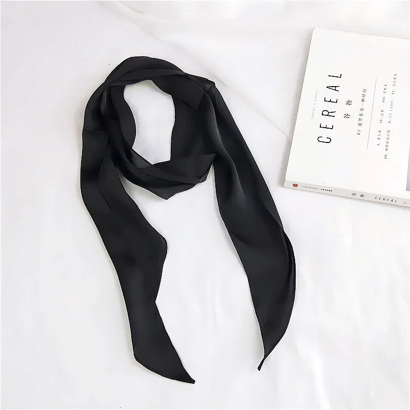 Women Fashion Ribbon Silk Scarf Beautiful Solid Design Girls Neckerchief Hair Band Bag Handle Wraps Small Neck Scarves - Цвет: Black