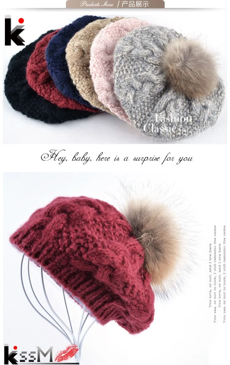Зима мех Енота помпоном берет дамы вязать шерсть шляпа ручной работы шапка вязаная шляпы береты женские зимнии женская шапка