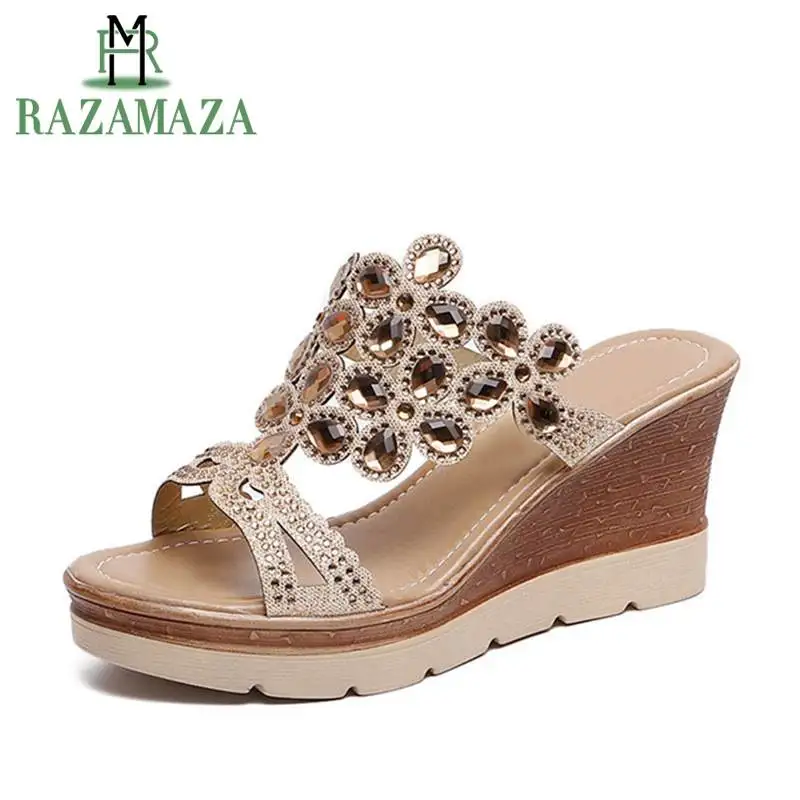 

RAZAMAZA Women Wedges Sandals Summer Beach Bling Crystal Platform Summer Shoes Women Bohemia Vacation Beach Slippers Size 35-40