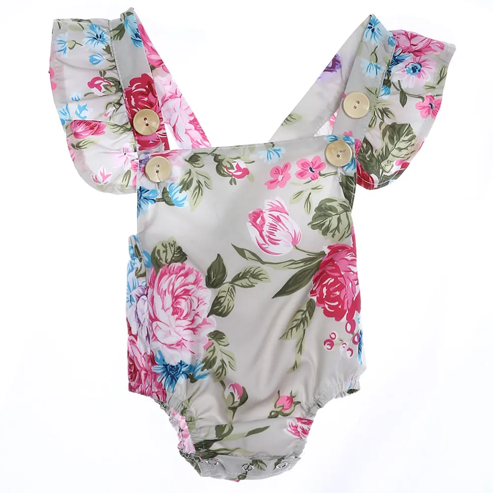 

Newborn Baby Jumpsuit Romper Girls Sleeveless Floral And Plants Printed U Collar Ruffle Jumpsuits