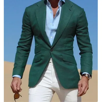 

Dark Green Jacket With Ivory Pants Casual Vacation Wear Young Men Suits Fashion PartyProm Suits 3 Pieces (Jacket+Pants)