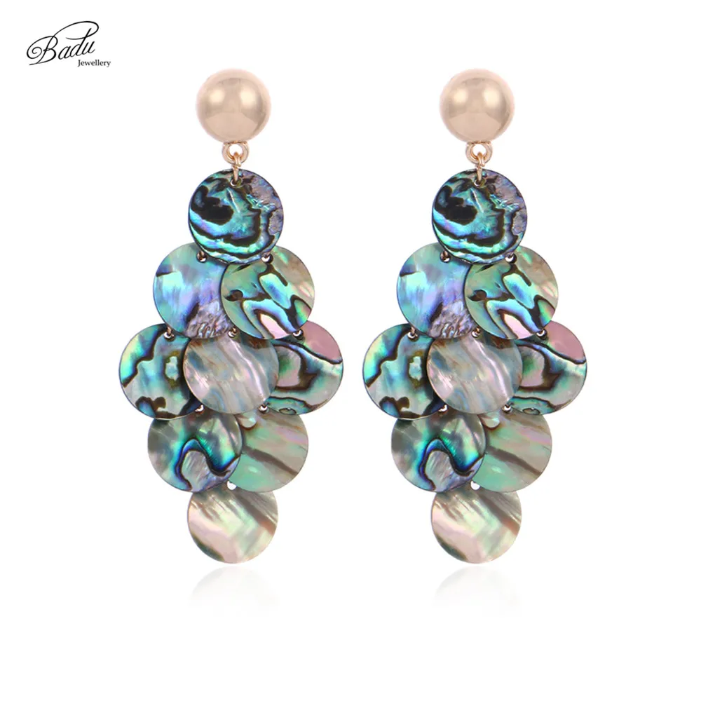 

Badu Abalone Shell Earring Bohemian Layered Round Shell Pendant Dangle Drop Earrings Women Fashion Party Jewelry Holiday
