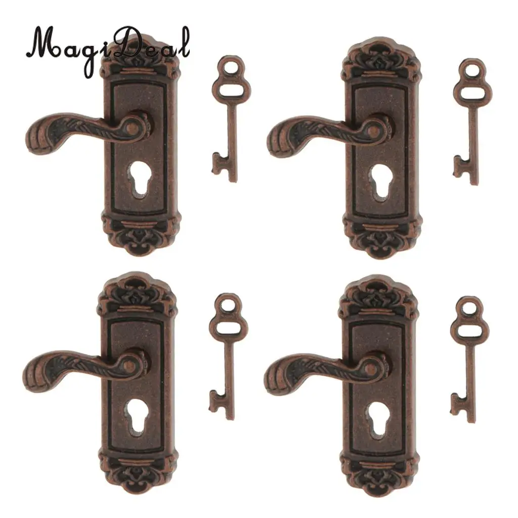 4Pcs 1:12 Scale Mini Vintage Door Knob Left Handle Key Dollhouse Miniature DIY Accessories