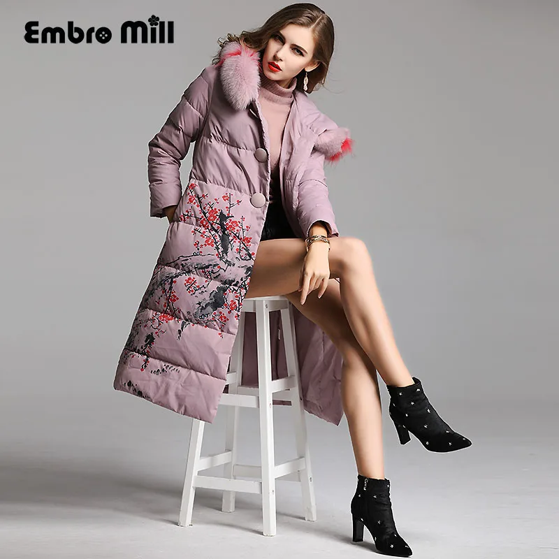 

Royal embroidery flowers Down Jacket coat women winter flowers vintage lady floral loose White duck Down Parkas female S-XXL