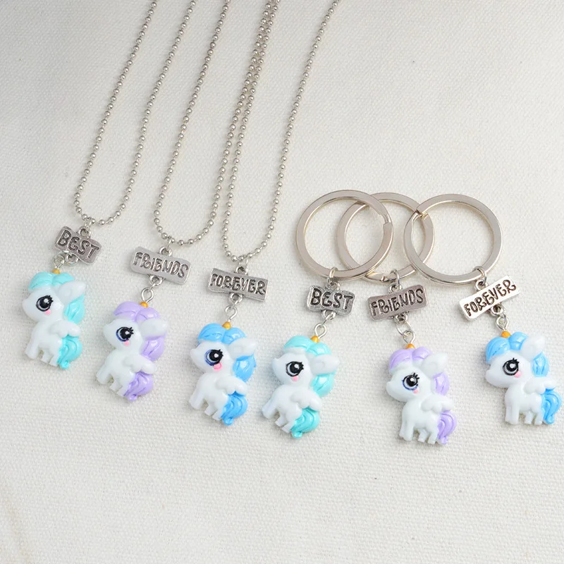 

3pcs/set Unicorns BEST FRIENDS FOREVER Pendant Necklaces Keychains BFF Friendship Cartoon animal jewelry gifts for Kids girls