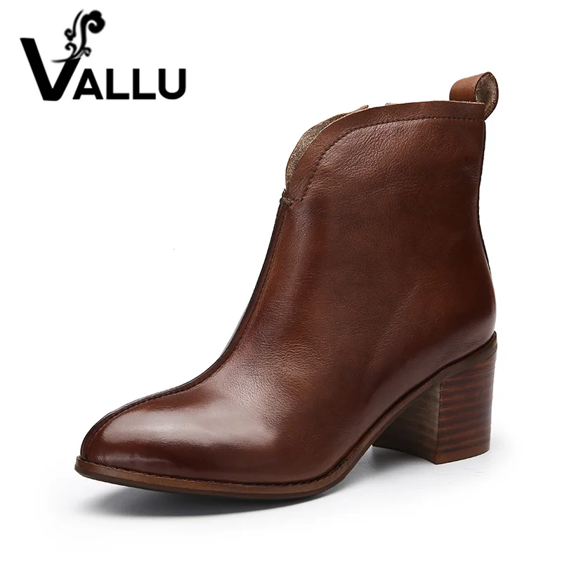 

VALLU 2018 Handmade Women Shoes Ankle Boots High Heels High Qualiy Zip Genuine Leather Ladies Boots