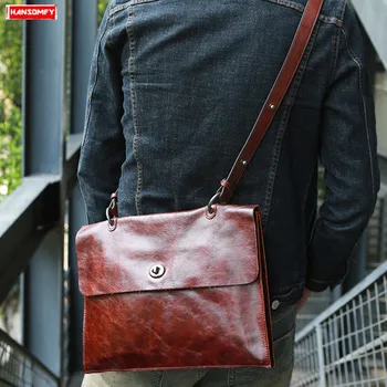 

Hand-made Men Shoulder Bag Genuine Leather Lock Handbag Business Laptop Briefcase Messenger Bags Original First Layer Leather