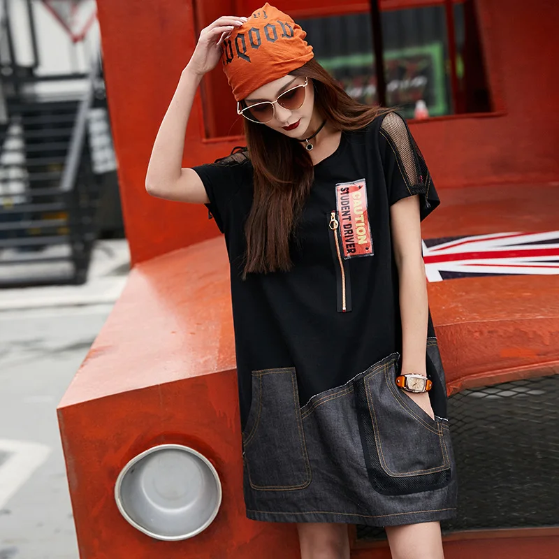 Punk Rock Jean shirt dress Mesh Sleeve Above Knee women dresses Short Sleeve 2019 Women Denim Pockets Vestidos Summer LT925S50