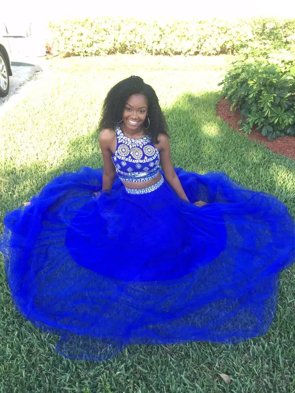 2017 Sexy Hot African Black Girl Prom Dress Two Pieces Royal Blue Beading Crystals Evening