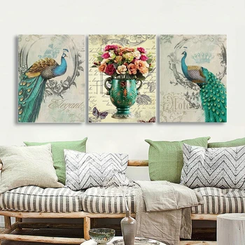 

Laeacco 3 Panel Canvas Watercolor Painting Calligraphy Peacock Posters and Prints Wall Art Pictures For Living Room Home Decor