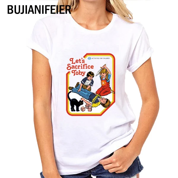 

2019 NEW White slim Funny Women Tshirt Short Sleeve Let's Summon Demons Graphic Tops Summer Women cartoon Print Tee BJN86