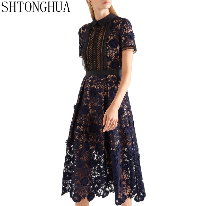 

SHTONGHUA Self-Portrait Runway Women Dress 2019 New Arrival Spring Short Sleeve Patchwork Female Crochet Midi Party Dress