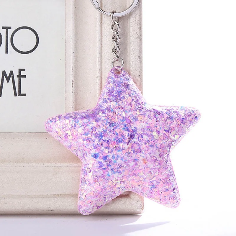 

Cute Star Keychain Glitter Pompom Sequins Key Chain Gifts For Women KeyRing Decorative Pendant Charms Car Bag Accessories