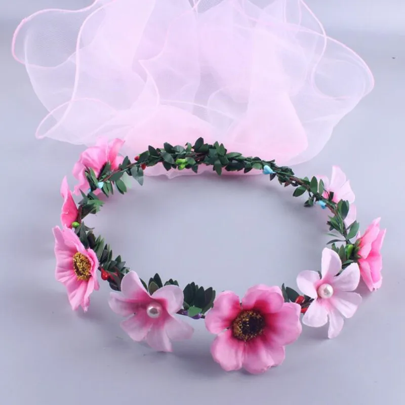Colorful Flower Headband Garland Wreath Veil Children Princess Girls