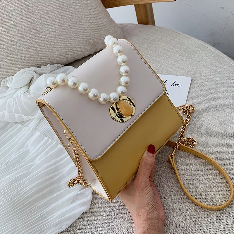 Lady Totes With Pearl Handle Contrast Color Leather Crossbody Bags For Women 2019 Summer ...