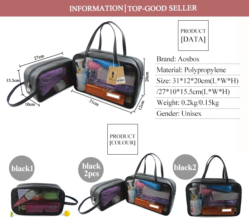 Aosbos, переносная сетчатая косметичка, водонепроницаемая, прозрачная, дышащая, косметичка, сумка-тоут, черная, для путешествий, органайзер, сумка для хранения