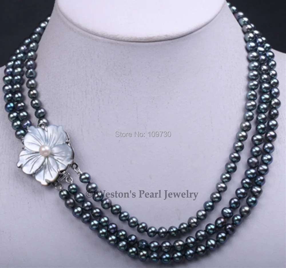 

Jewelry 002856 3 ROWS 5-6MM 17.5" BLACK CULTURED FRESHWATER PEARL CHOKER NECKLACE SHELL CLAS