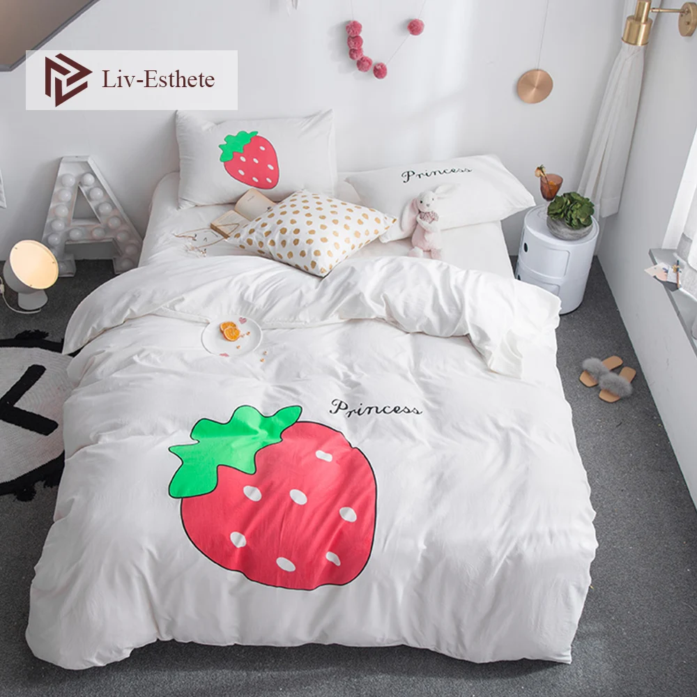 

Liv-Esthete Hot Sale Strawberry Cartoon Bedding Set White Duvet Cover Flat Sheet Pillowcase Double Queen King Bed Linen Home Set